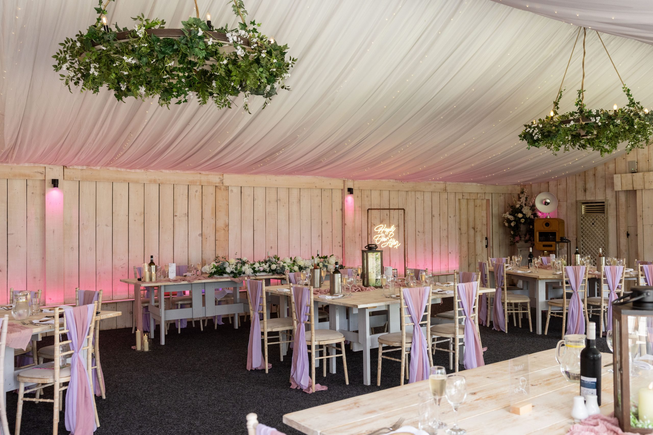 Lilac and pink wedding reception styling