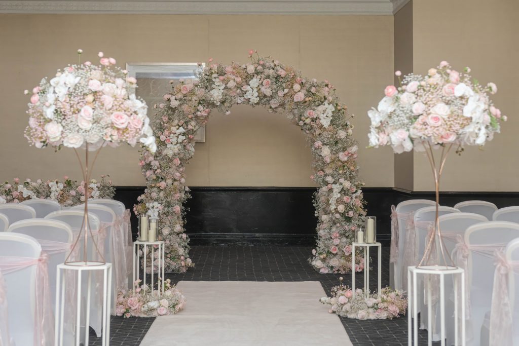 flower arch and floral bombs