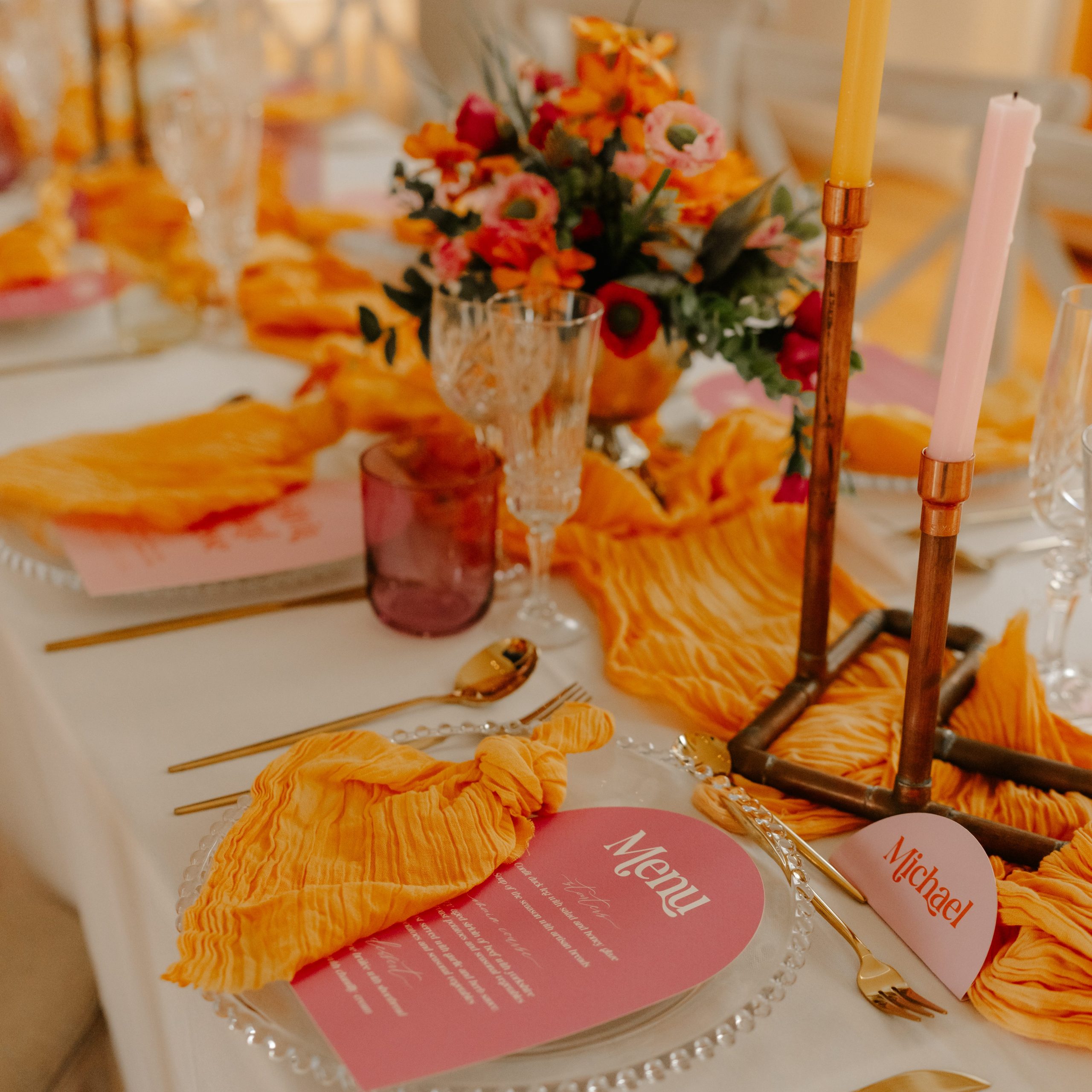 silk flower centrepieces and candles