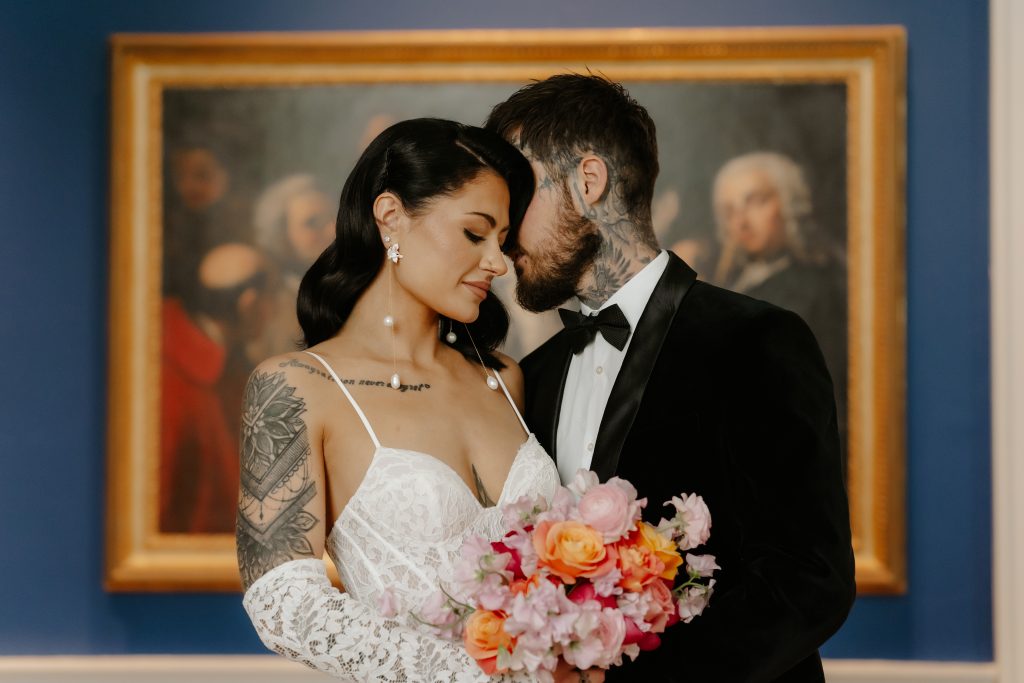 bride and groom with brides bouquet
