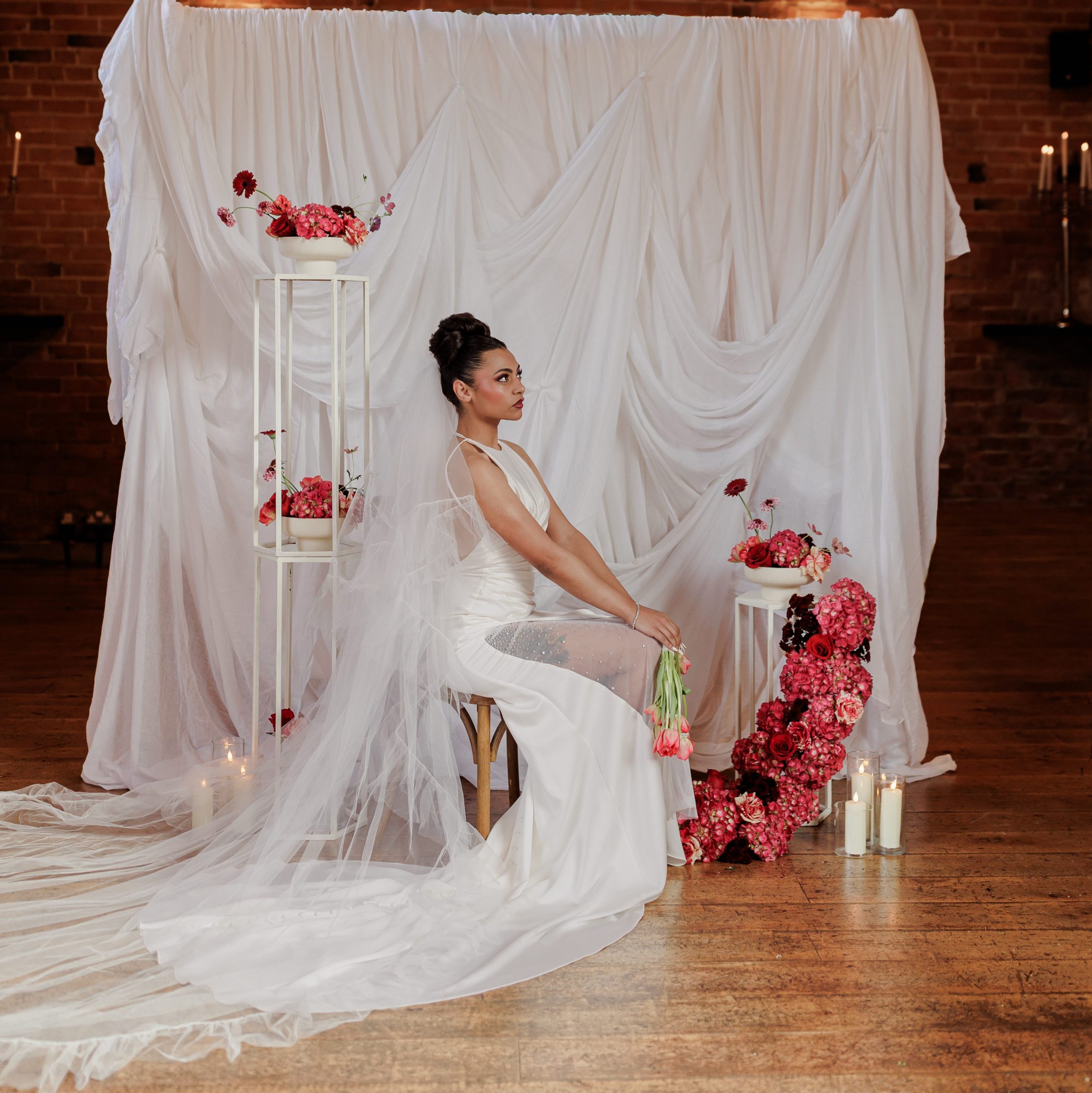 draped backdrop, fresh wedding flowers