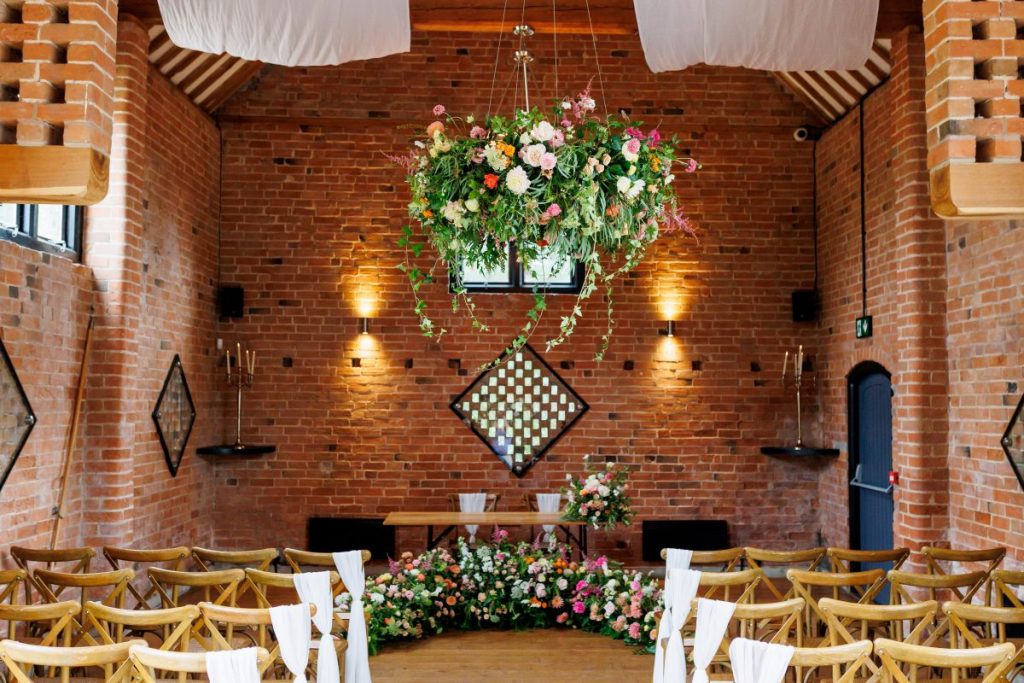 ceiling draping and floral hoops