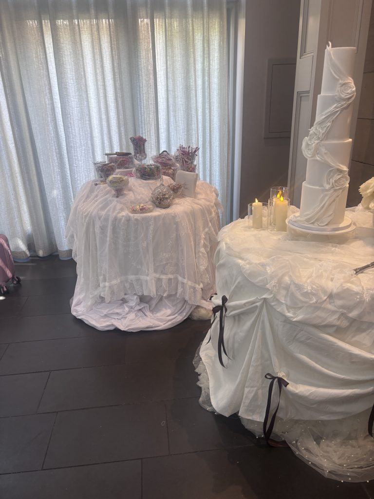 sweet table fabric design Hampton manor wedding