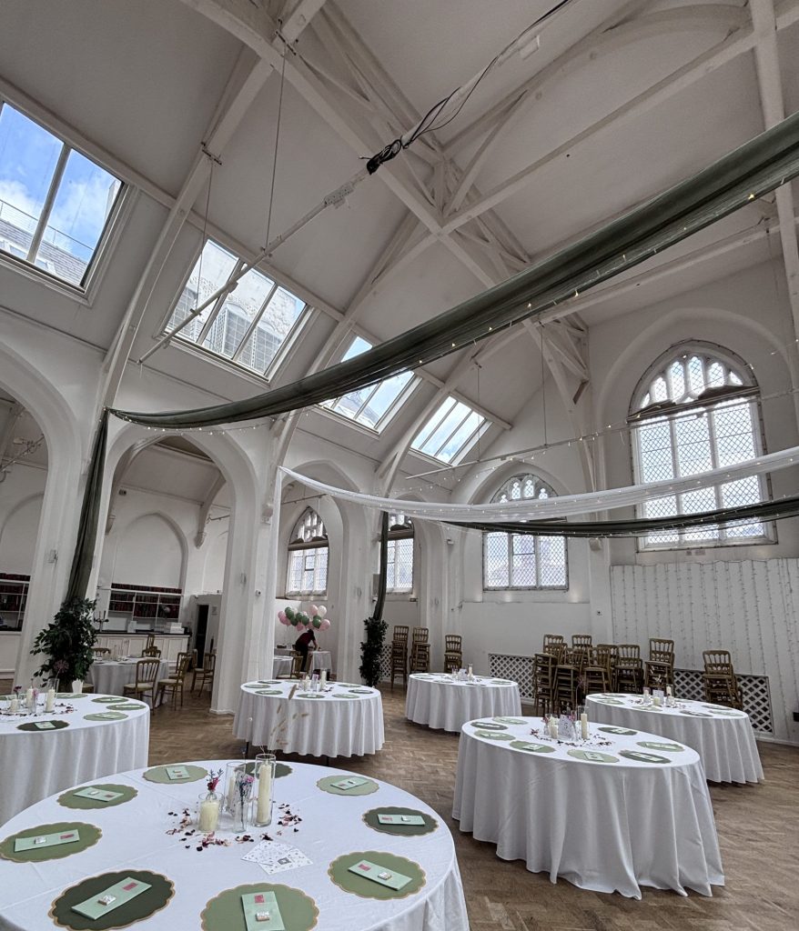 ceiling draping and fairy lights at the old library